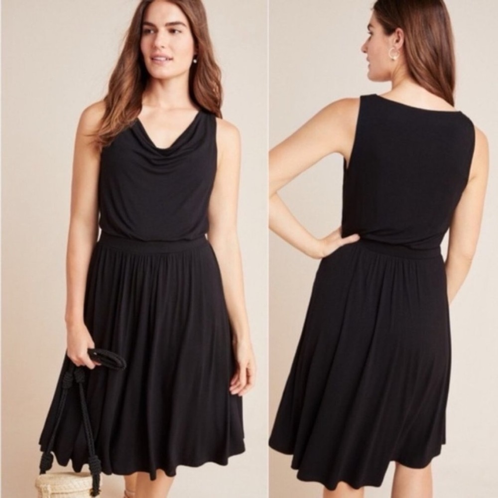 Anthropologie Maeve Brianne Cowl Neck Dress Small‎ Petite solid black knit drape